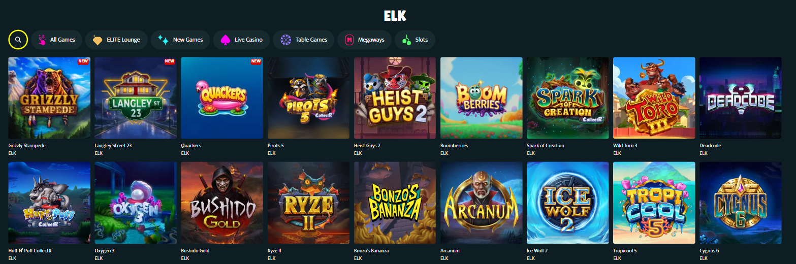ELK:s spelsida hos SlotSpice där Pirots 5, Wild Toro 3 och Cygnus 6 visas i rutnät