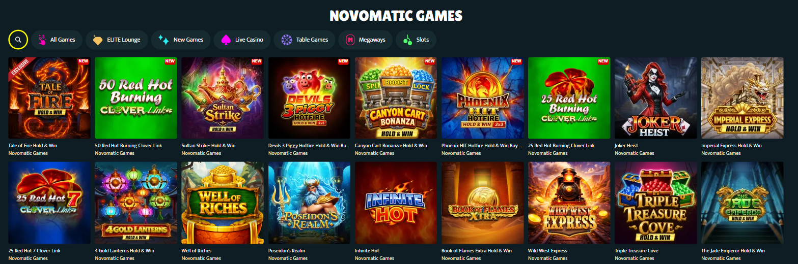 Novomatic Games urval på SlotSpice med Tale of Fire Hold & Win, Well of Riches och Book of Flames Extra