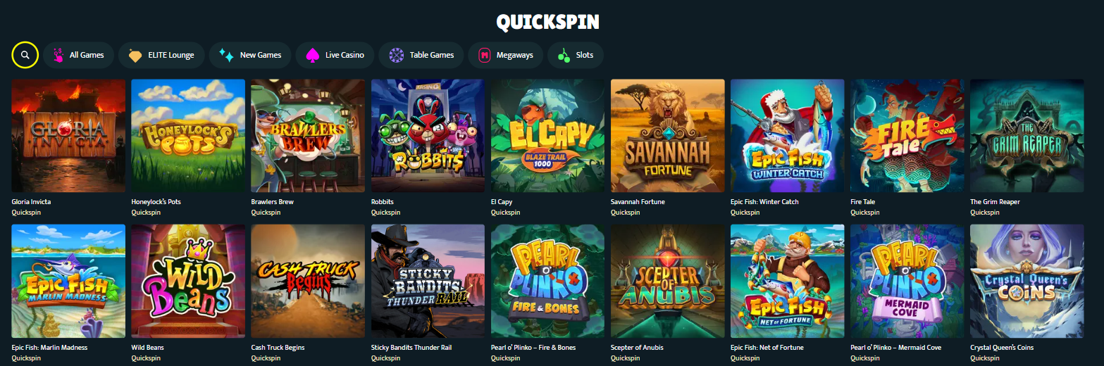 Quickspins spelrutnät hos SlotSpice med Sticky Bandits Thunder Rail, Cash Truck Begins och Pearl o' Plinko